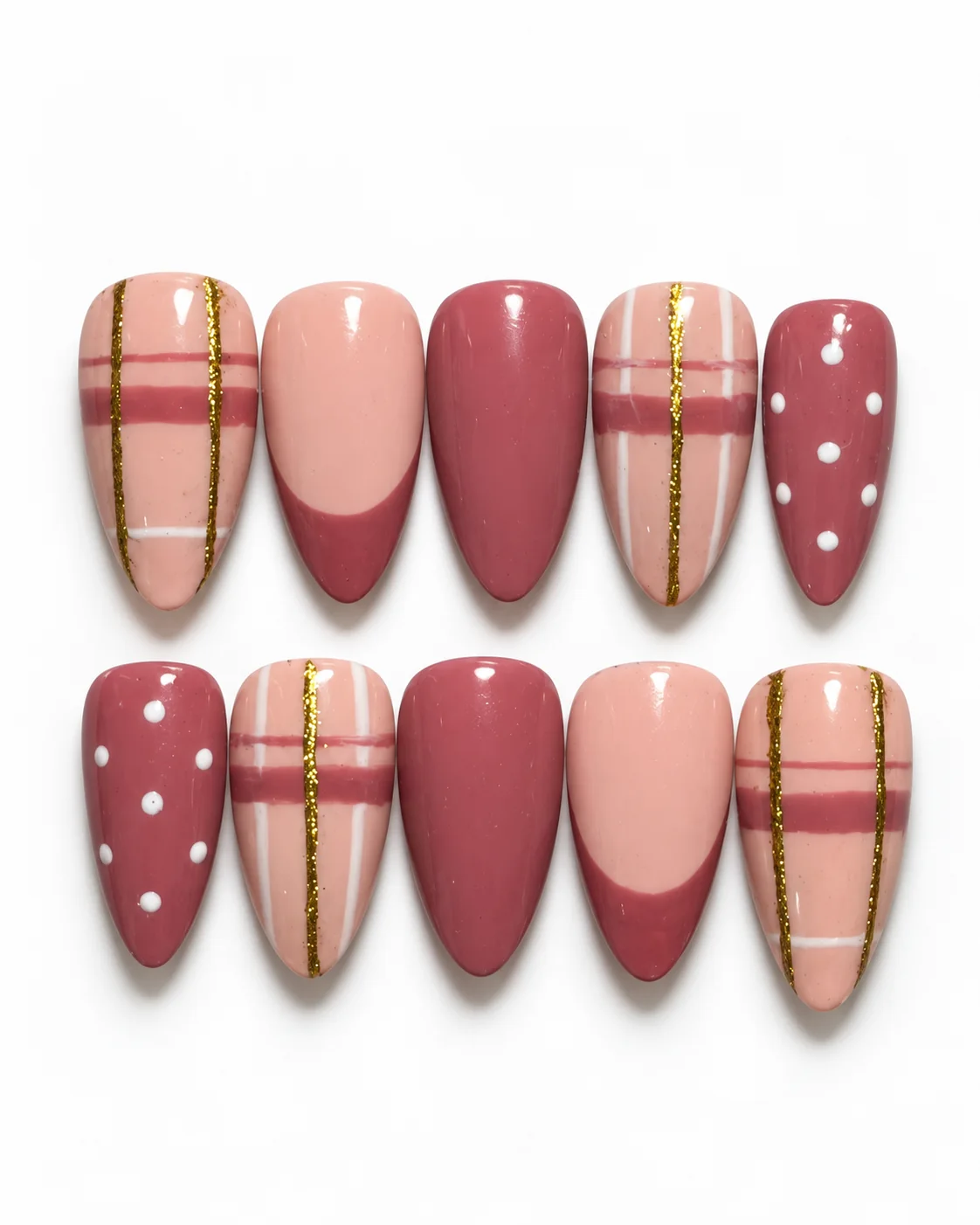 Rosy Plaid Luxe press-on nails, laid flat