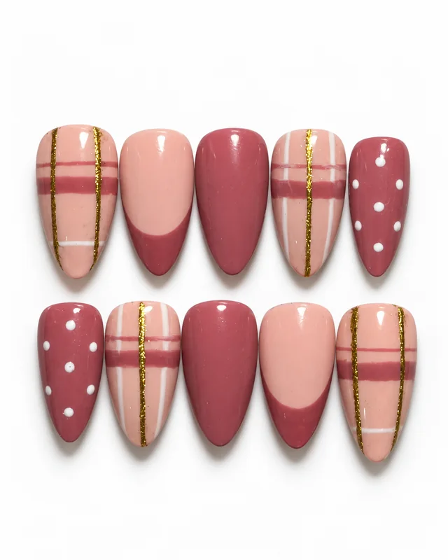 Rosy Plaid Luxe press-on nails, laid flat