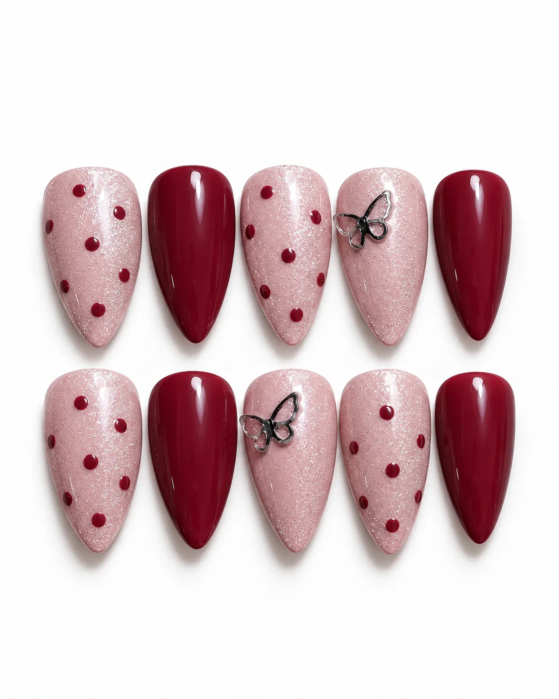 Burgundy Butterfly press-on nails, laid flat