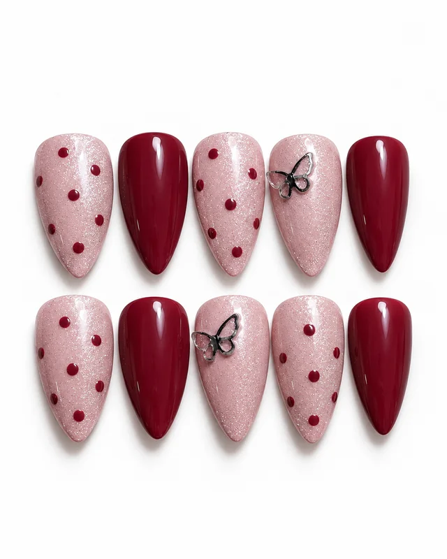 Burgundy Butterfly press-on nails, laid flat