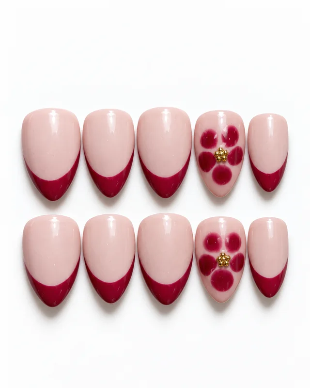 Burgundy Blossom press-on nails, laid flat