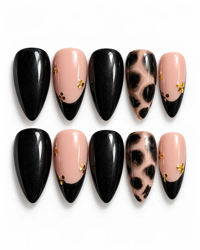 Midnight Panther press-on nails, laid flat
