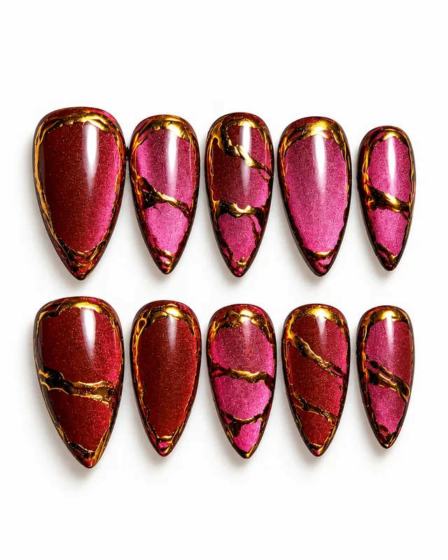 Crimson Kintsugi press-on nails, laid flat