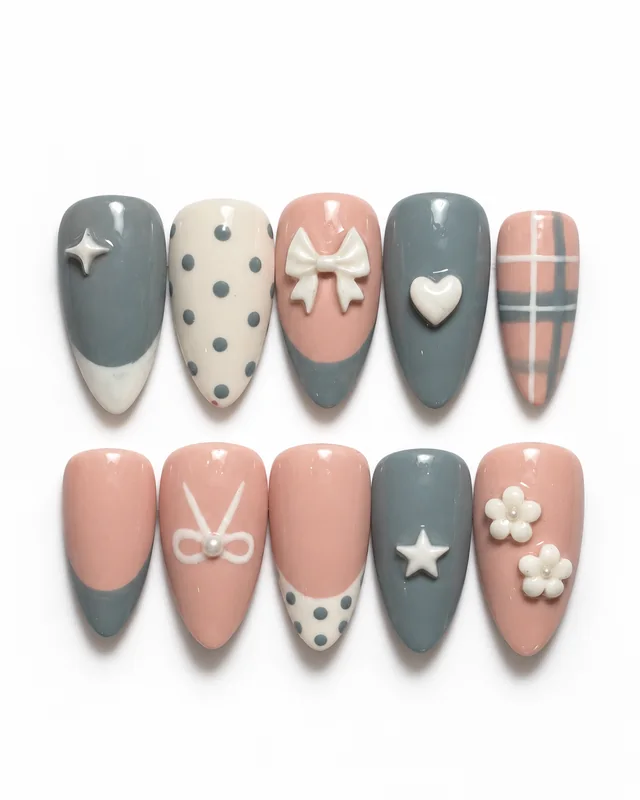 Powder Blue Coquette press-on nails, laid flat