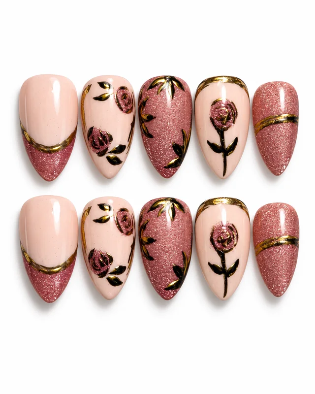 Rose Gold Romance press-on nails, laid flat