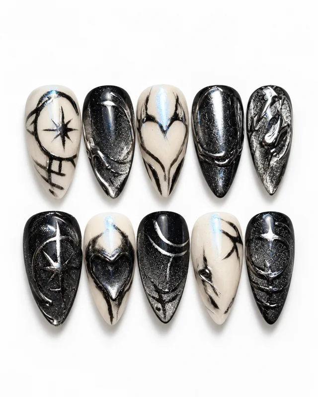 Obsidian Galaxy press-on nails, laid flat